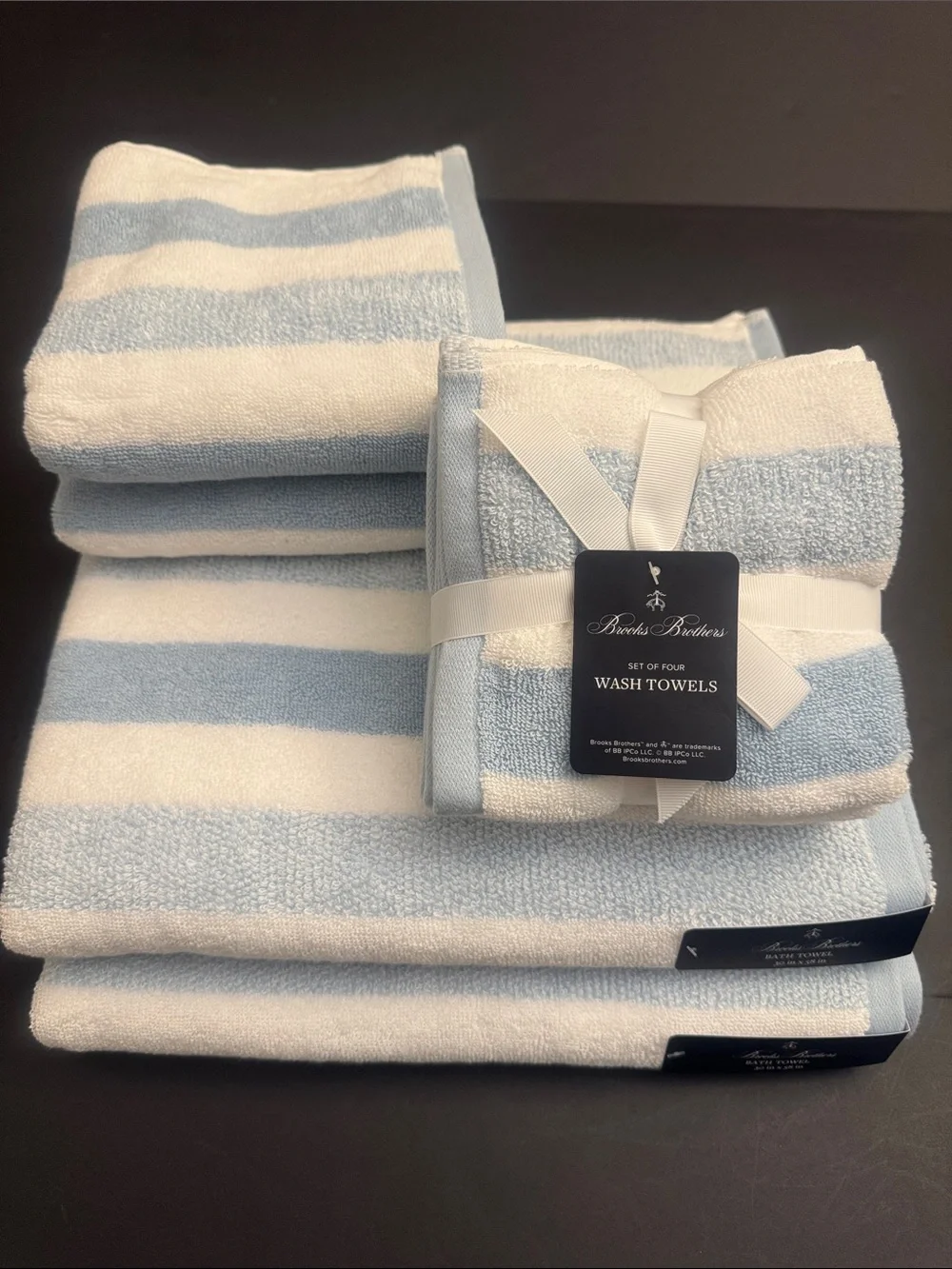 8pc BROOKS BROTHERS Cotton Oversized Light Blue & White Stripe Bath Towel Set